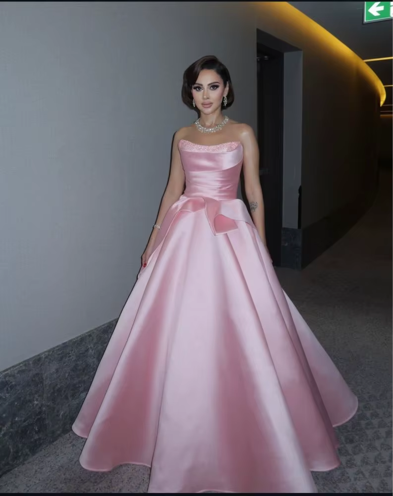 Elegant Beaded Pink Strapless A-Line Evening Dress SF193