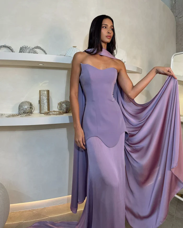 Elegant Strapless Lilac Scarf Evening Dress with Train SF334