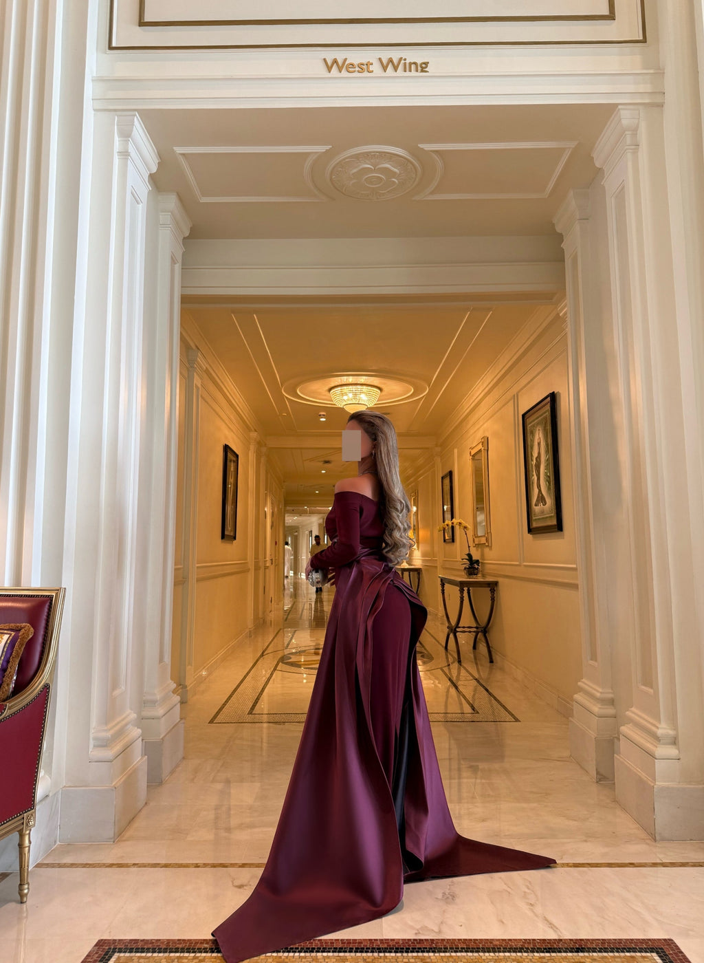 Luxury Fuchsia Off-the-Shoulder Long Sleeve Evening Dress with Overskirt SF318