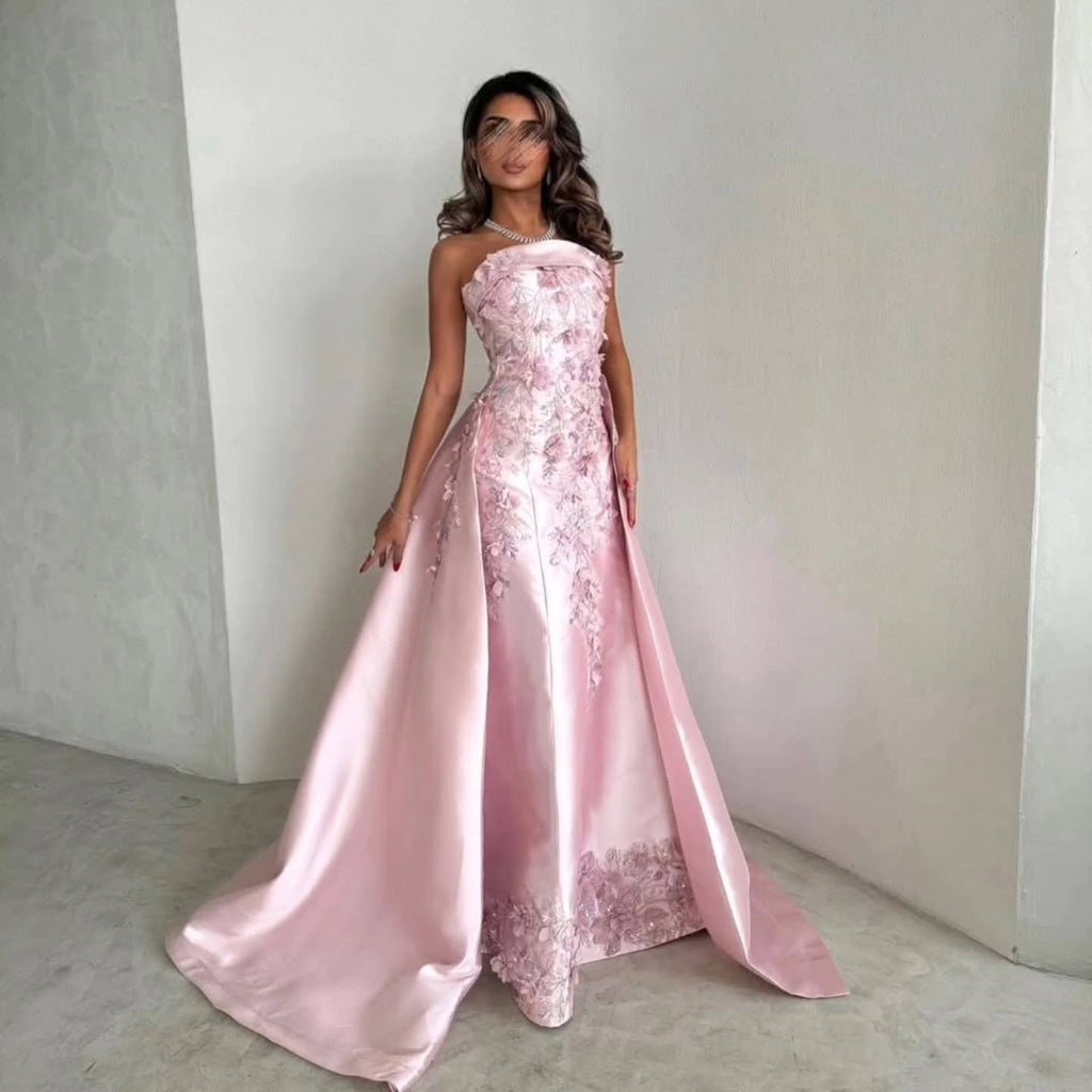Luxury Strapless Pink 3D Floral Beaded Sequin Evening Dress with Overskirt XD067