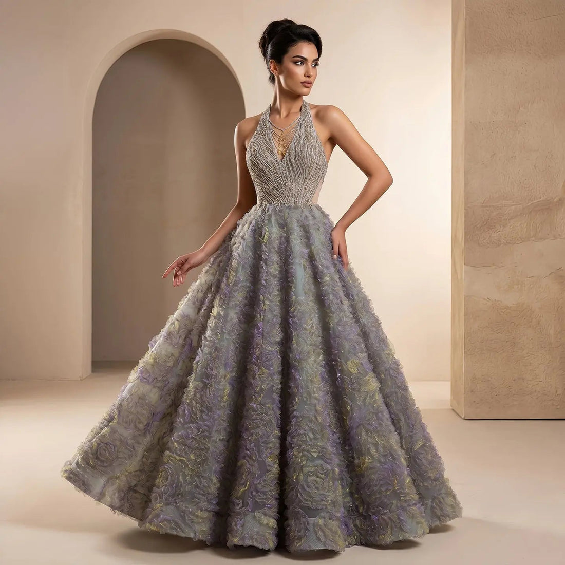 Luxury Gray Green Gradient Beaded Spaghetti Strap Evening Dress SS735