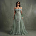 Elegant Green Spaghetti Strap Beaded Evening Dress with Overskirt SS121