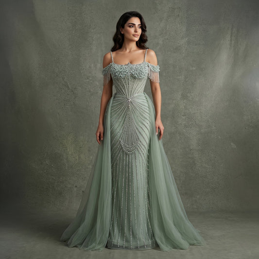 Elegant Green Spaghetti Strap Beaded Evening Dress with Overskirt SS121