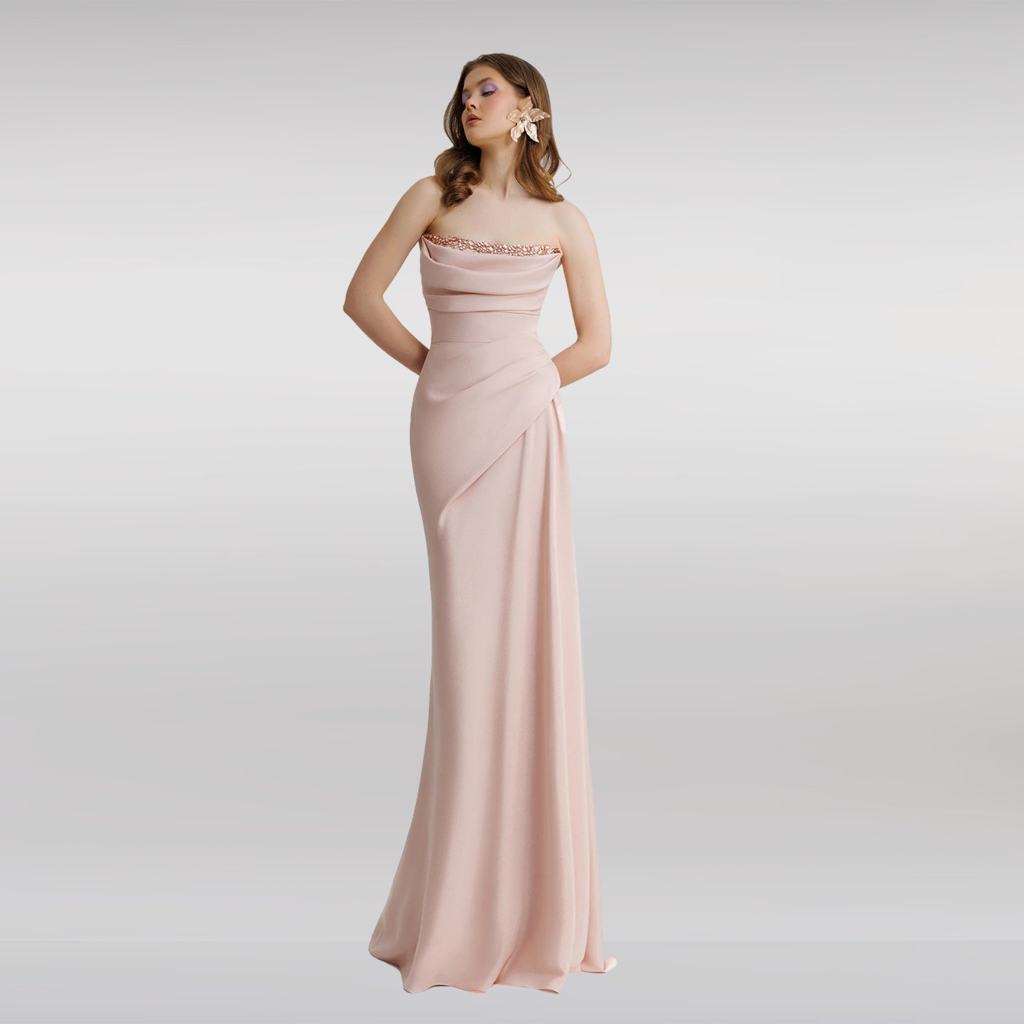 Elegant Pink Strapless Draped Beaded Chiffon Evening Dress SF431