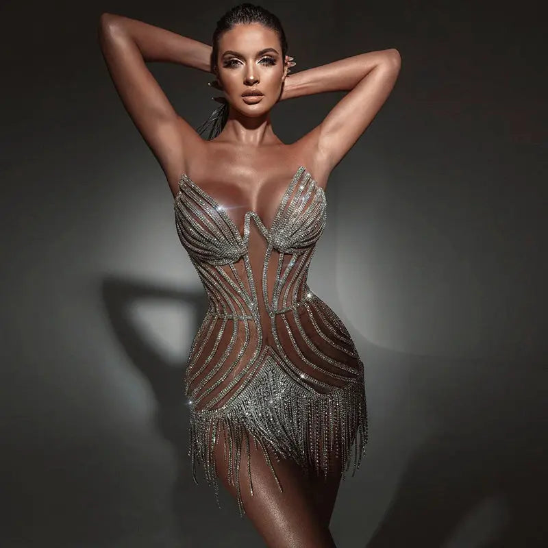 Luxury Beading Tassels Strapless Short Cocktail Dress RM016