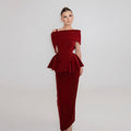 Elegant Wine Red Off-the-Shoulder Peplum Velvet Evening Dress SF233