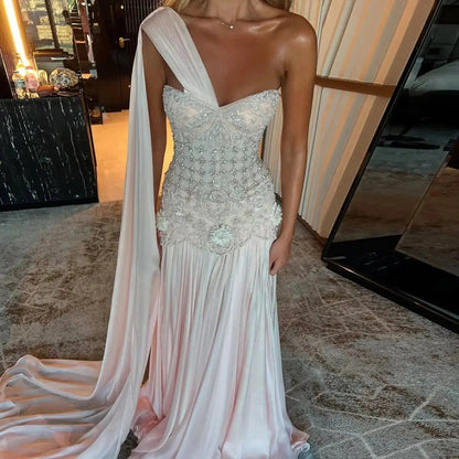 Luxury Blush Pink Beaded 3D Floral One-Shoulder Cape Evening Dress SS285