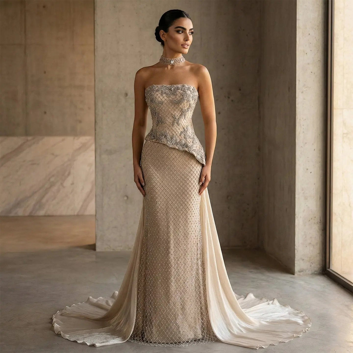 Luxury Champagne Strapless Beaded Evening Dress with Cap SS394