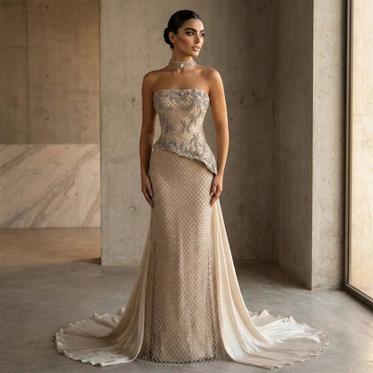 Luxury Champagne Strapless Beaded Evening Dress with Cap SS394