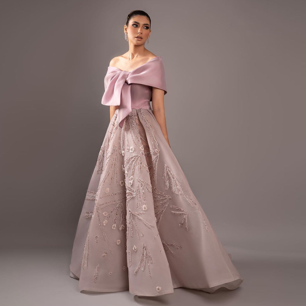 Luxury Blush Pink Bow Sequin Ball Gown Evening Dress XD051
