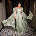Luxury Sage Green Off-the-Shoulder Feather Evening Dress with Cape Sleeve SF599