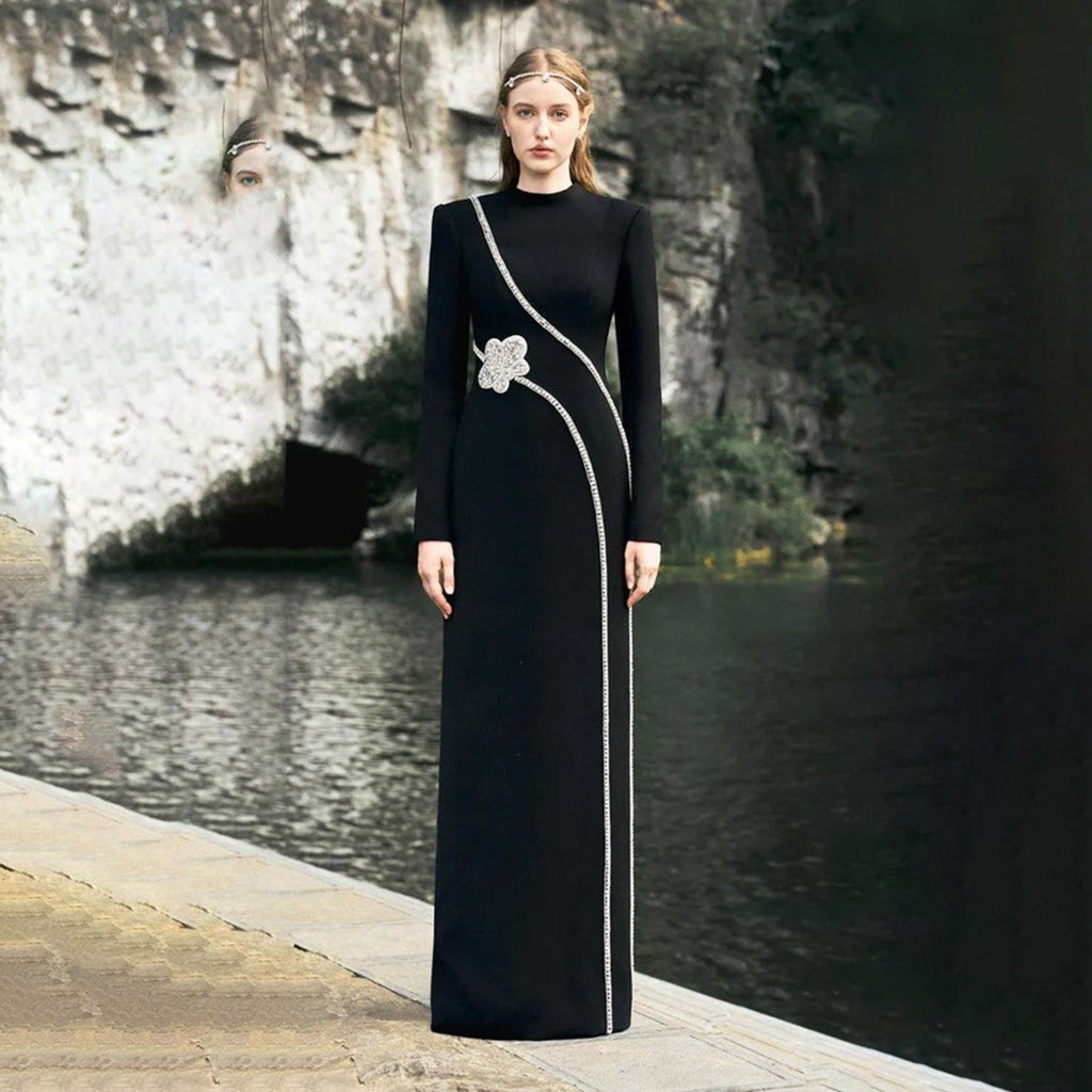 Elegant Crystal Black Long Sleeves Satin Evening Dress SF350