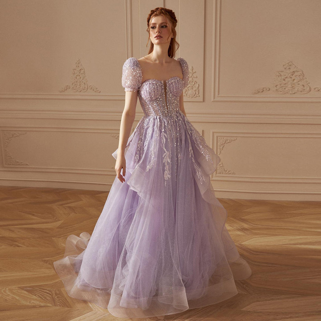 Elegant Sequin Lilac A-Line Short Sleeves Evening Dress SS452