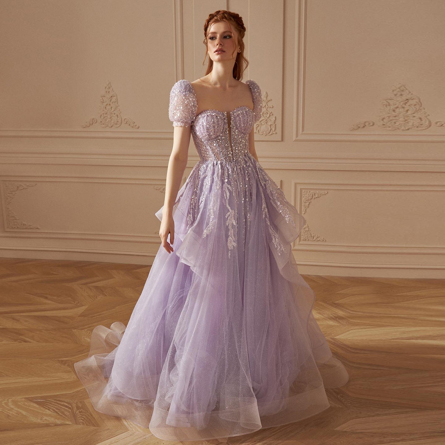 Elegant Sequin Lilac A-Line Short Sleeves Evening Dress SS452