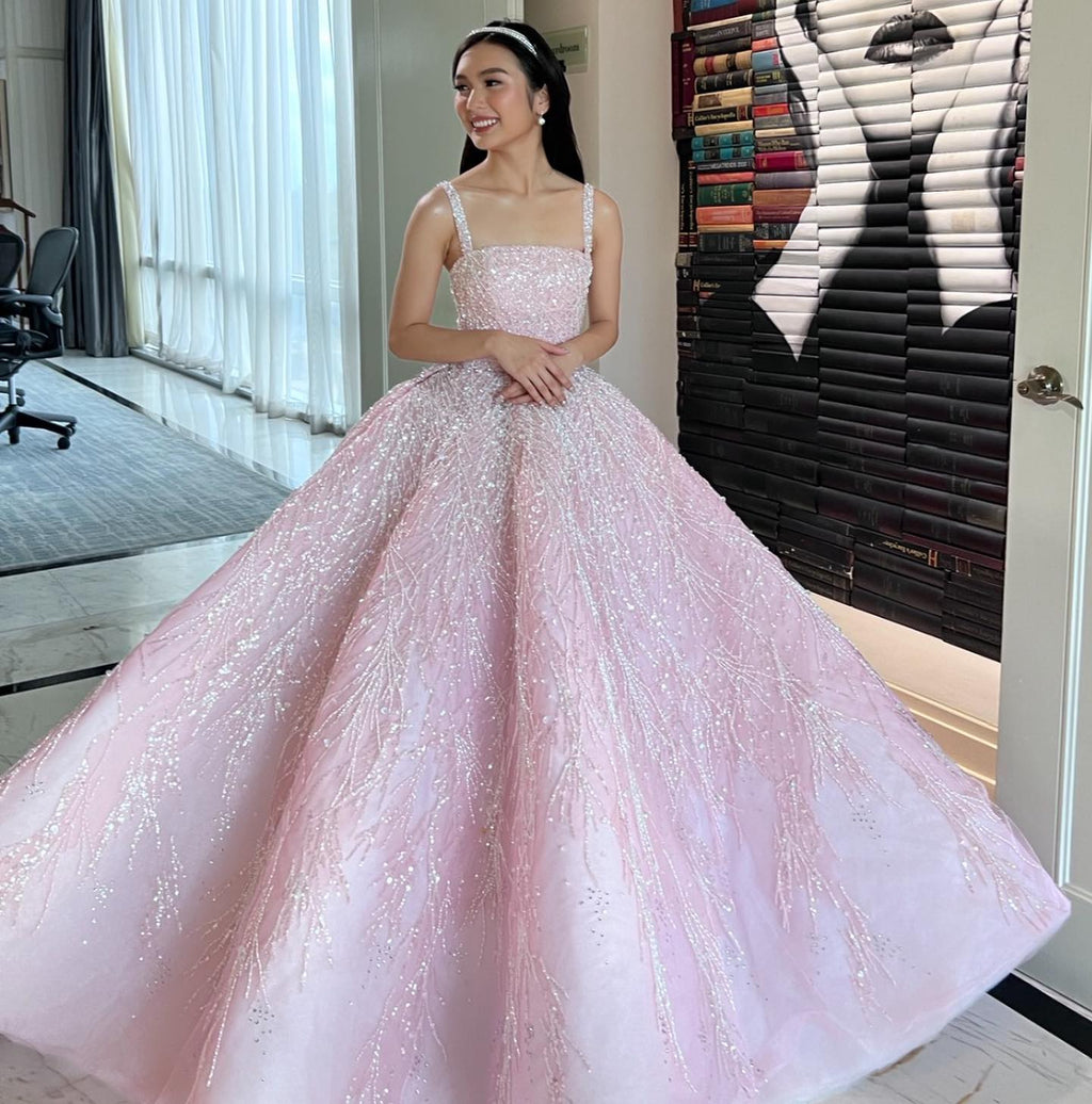 Elegant Pink Beaded Sleeveless Ball Gown Evening Dress SS702