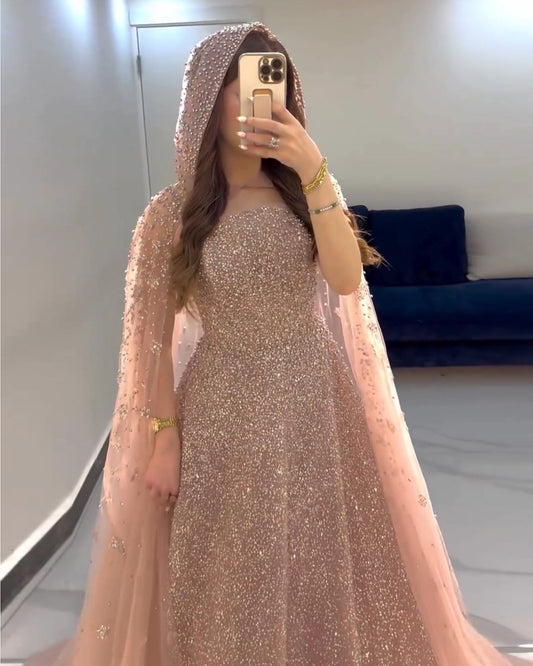 Sparkly Crystal Turquoise Evening Dress with Cape SS651