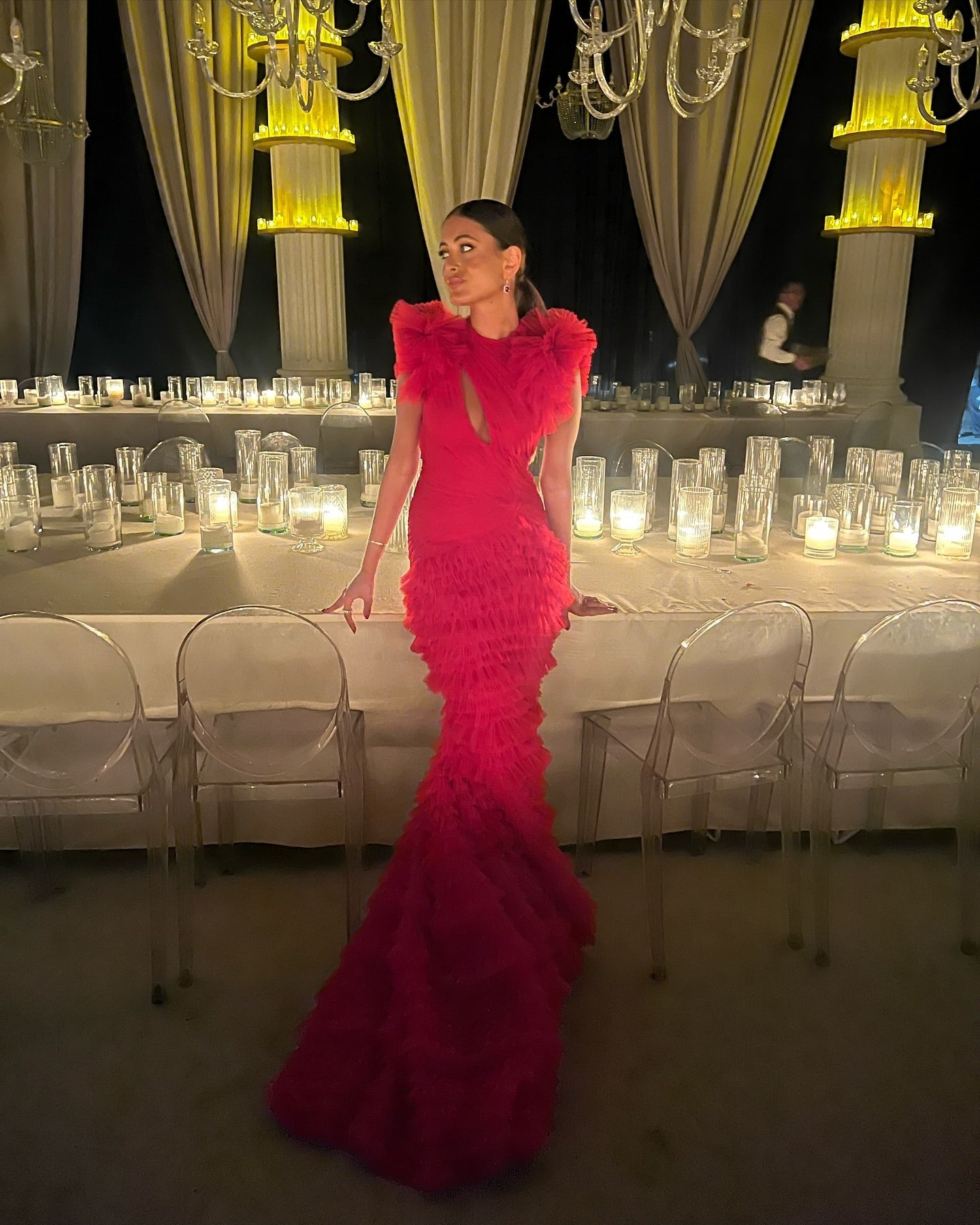 Luxury Red Ruffled Train Mermaid Evening Dress SF512