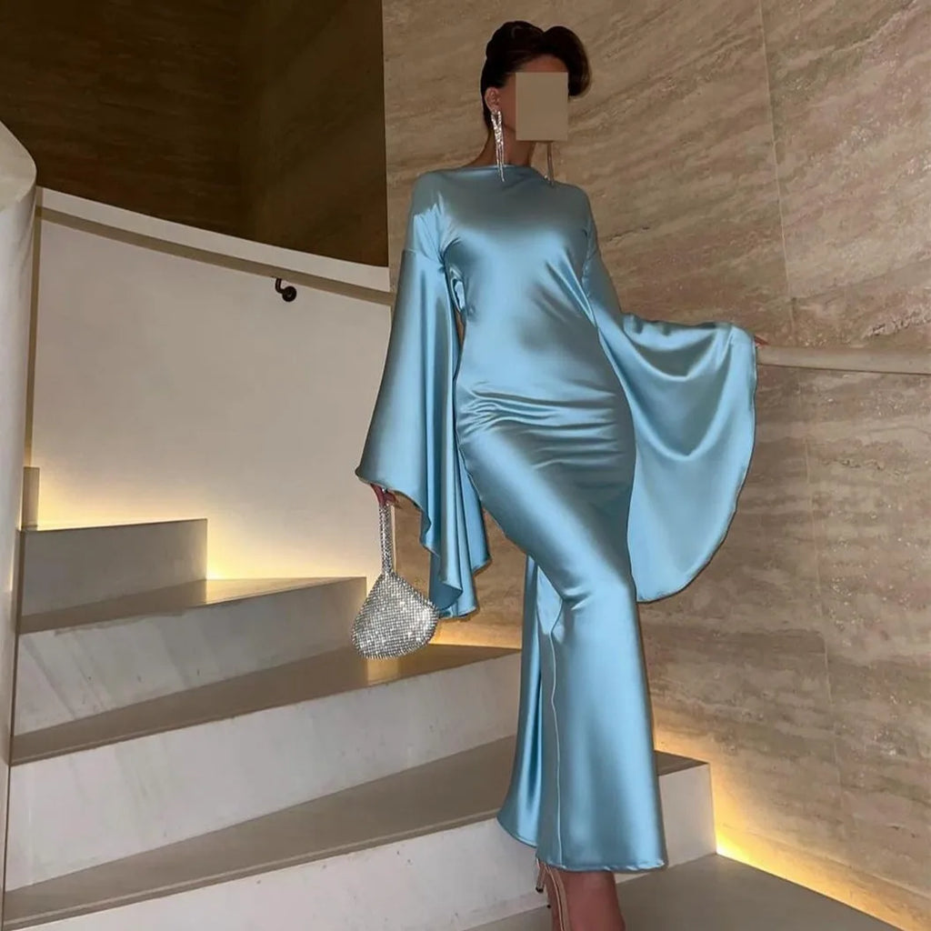 Elegant Light Blue Mermaid Evening Dress with Flare Long Sleeves SF027
