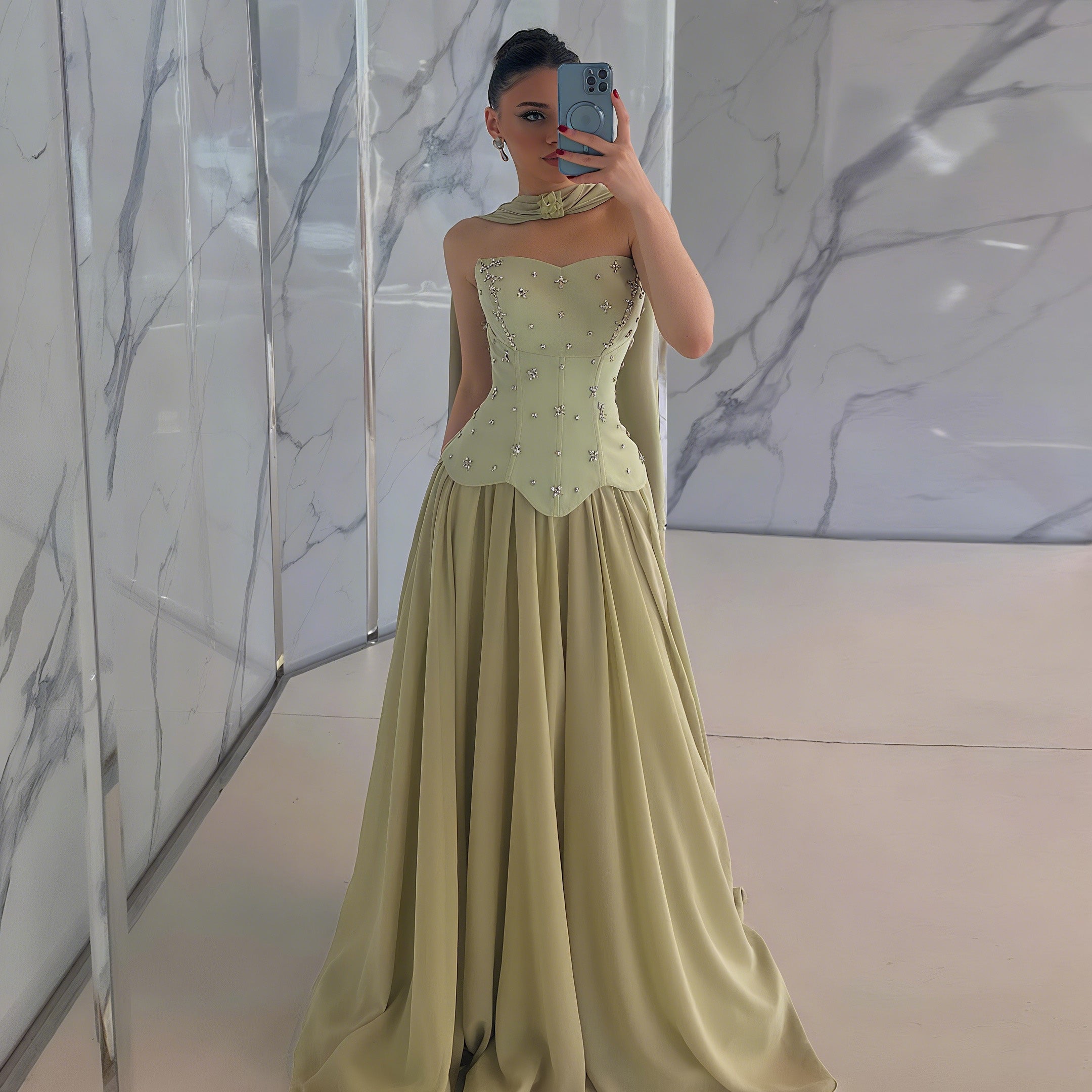 Elegant Sage Green Beaded Beaded Corset Evening Dress with Scarf SF226