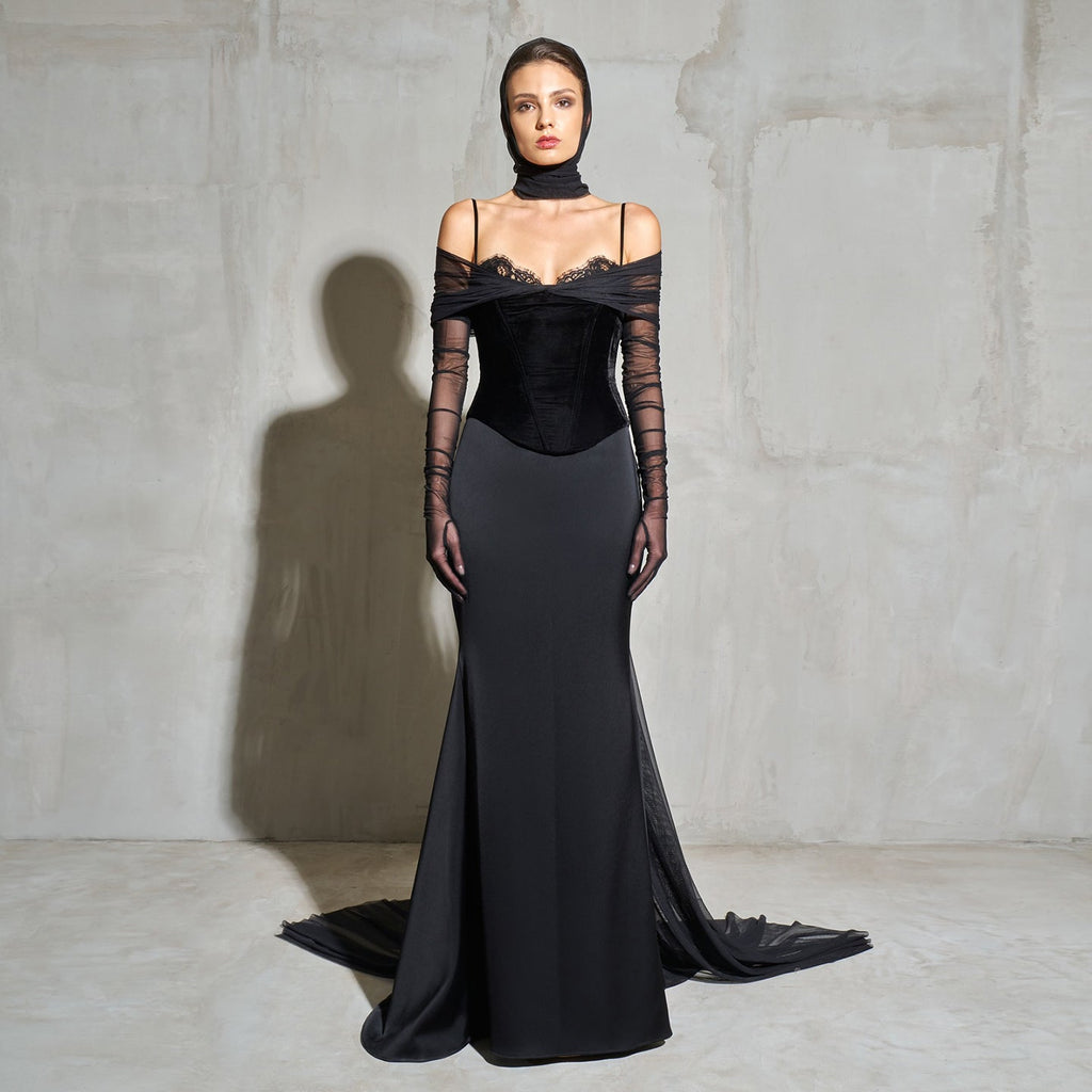 Luxury Black Lace Glove Halter Neck Evening Dress with Overskirt SF440