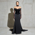 Luxury Black Lace Glove Halter Neck Evening Dress with Overskirt SF440