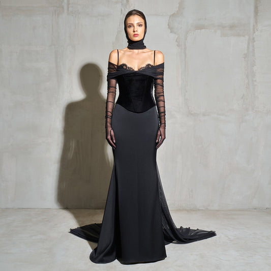 Luxury Black Lace Glove Halter Neck Evening Dress with Overskirt SF440