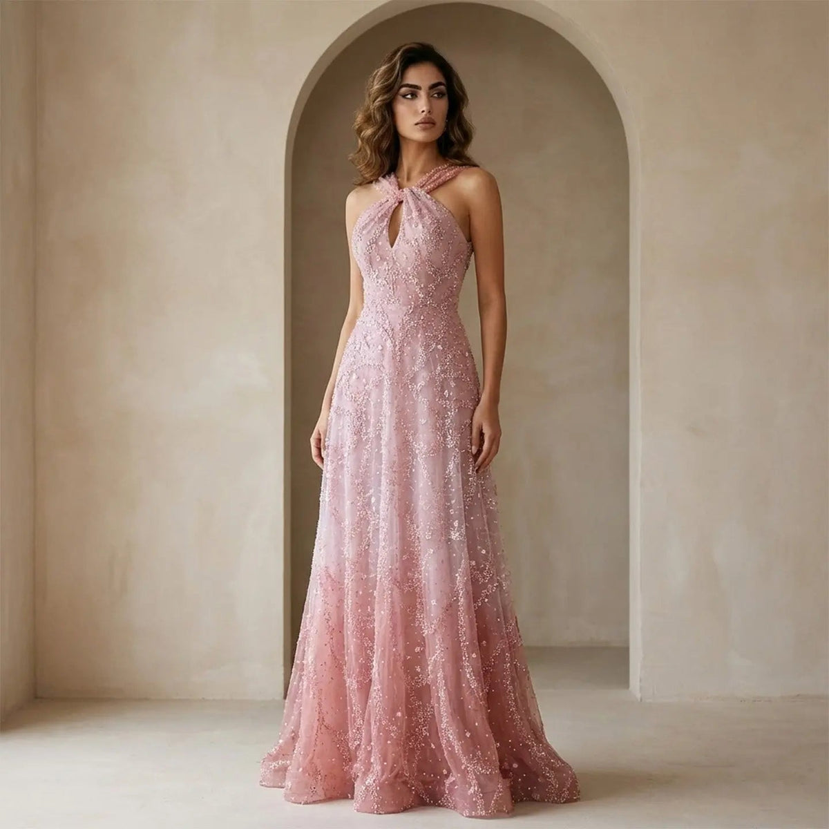 Luxury Gradient Pink Halter Neck Beaded Sequin Evening Dress SS709