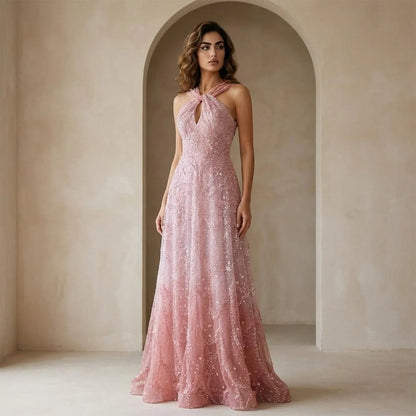 Luxury Gradient Pink Halter Neck Beaded Sequin Evening Dress SS709
