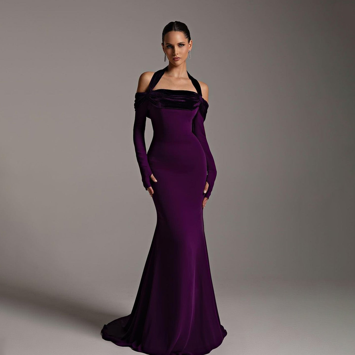 Elegant Halter Purple Long Sleeve Mermaid Evening Dress SF345