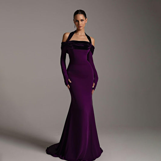 Elegant Halter Purple Long Sleeve Mermaid Evening Dress SF345