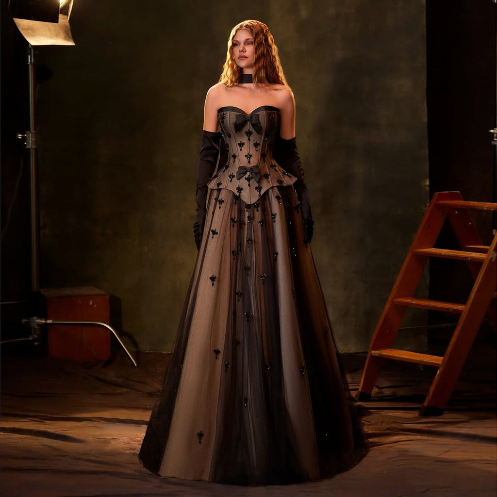 Luxury Black Gradient Strapless Lace Evening Dress with Scarf and Gloves SF241