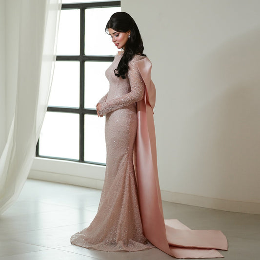 Luxury Light Pink Sequin Lace Print Evening Dress with Cape SF428