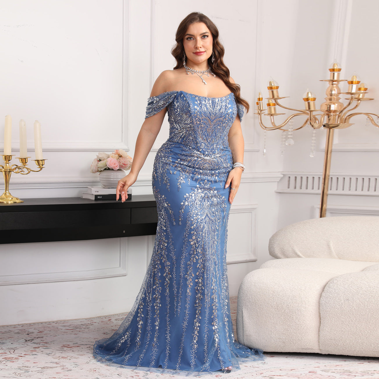 Glamorous Blue Sequin Beaded Off-Shoulder Mermaid Evening Dress SF622