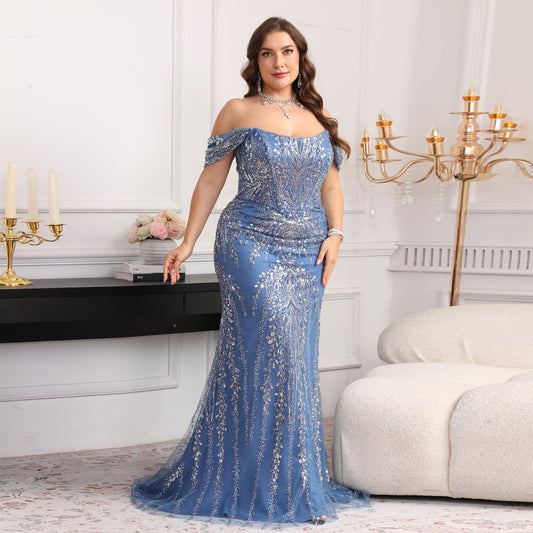 Glamorous Blue Sequin Beaded Off-Shoulder Mermaid Evening Dress SF622