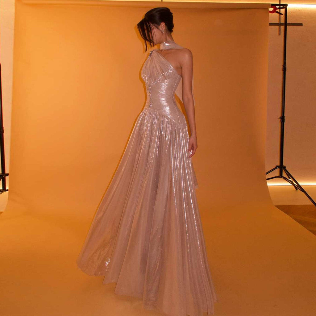 Pink One-Shoulder Sheer Waist-Fitted Elegant Evening Dress SF235