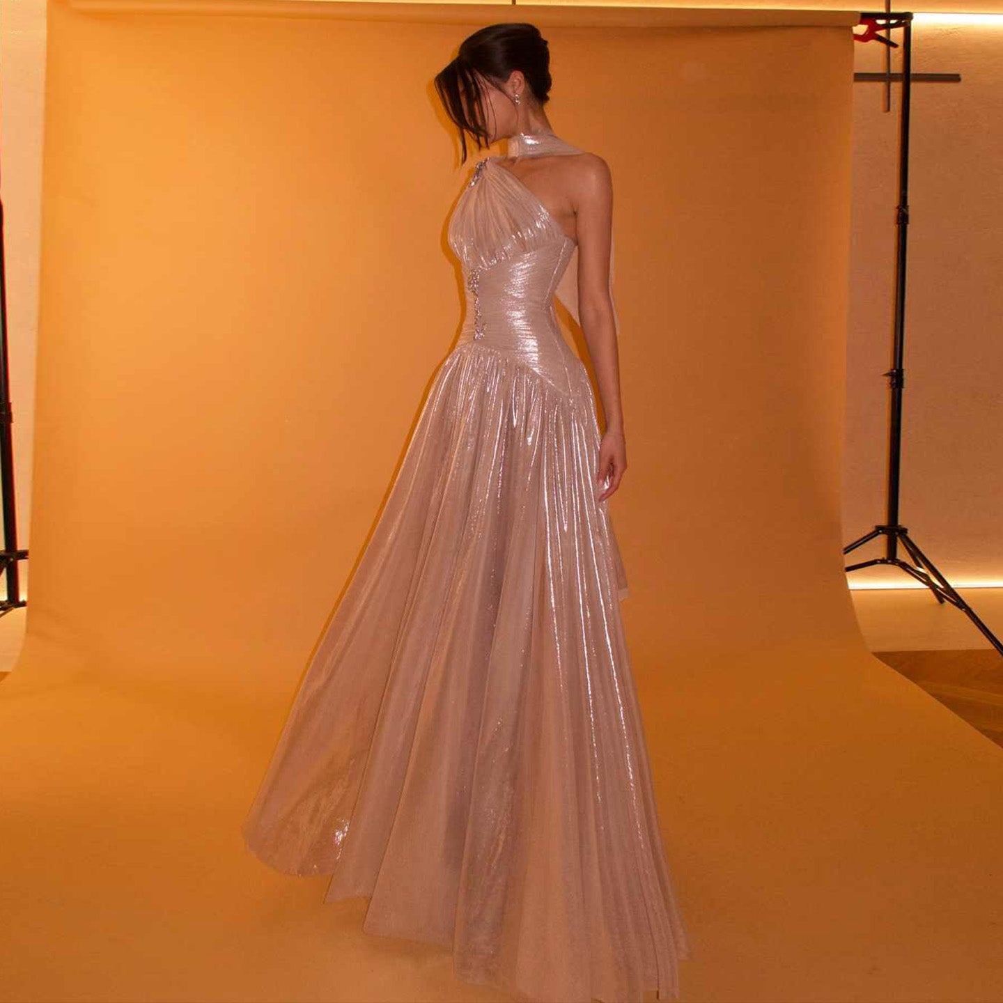 Pink One-Shoulder Sheer Waist-Fitted Elegant Evening Dress SF235