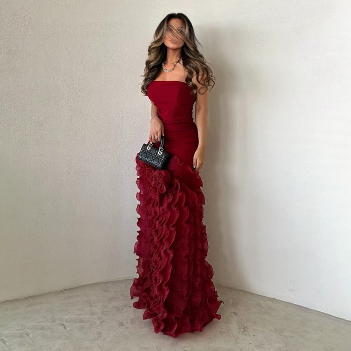 Luxury Burgundy Strapless Ruffles Mermaid Evening Dress SF410