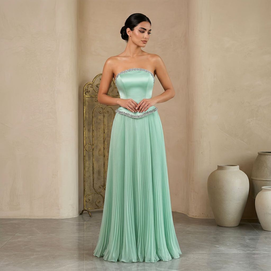 Elegant Pink Strapless Beaded Chiffon Evening Dress SS789