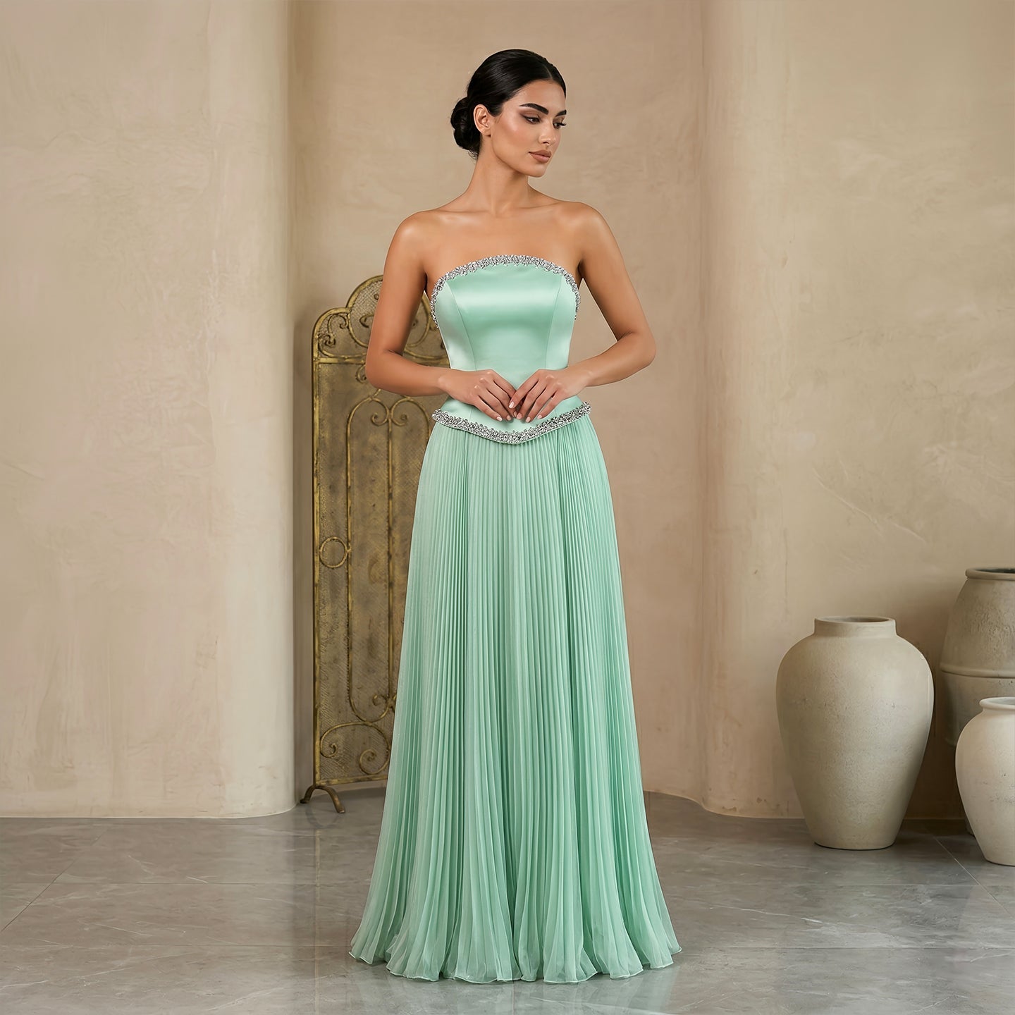 Elegant Pink Strapless Beaded Chiffon Evening Dress SS789
