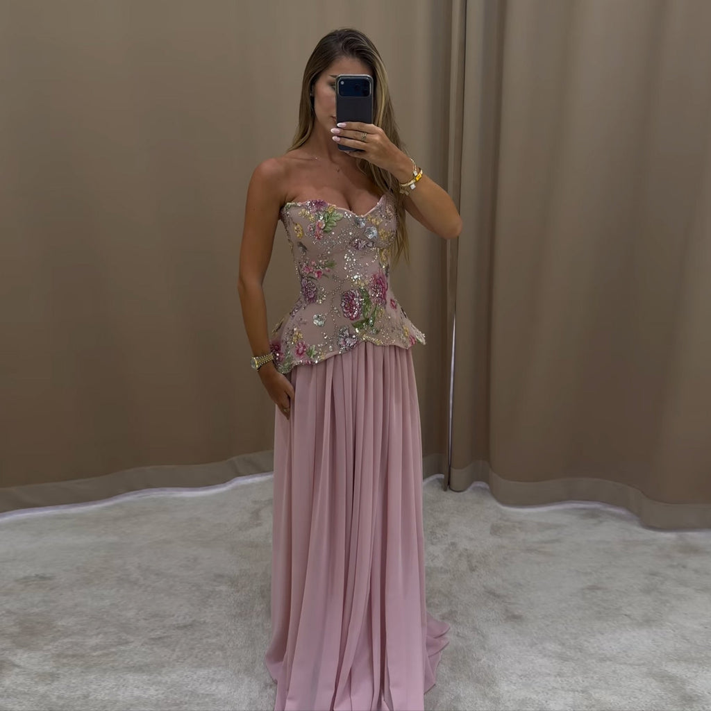 Luxury Pink Floral Embellished Peplum Evening Dress with Scarf SS480