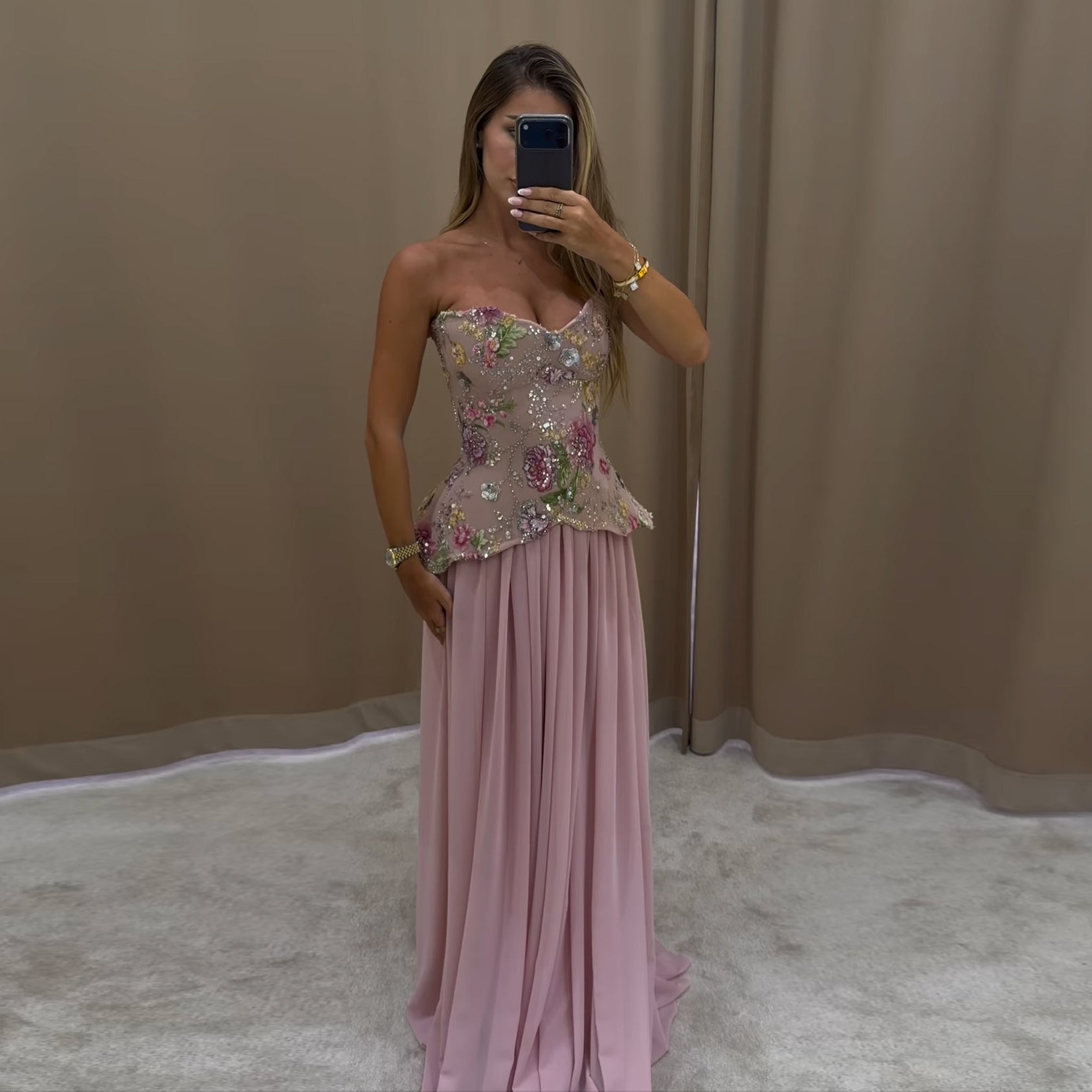 Luxury Pink Floral Embellished Peplum Evening Dress with Scarf SS480
