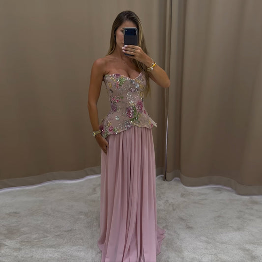 Luxury Pink Floral Embellished Peplum Evening Dress with Scarf SS480