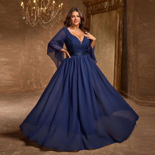 Luxury Navy Blue Batwing Sleeve Ball Gown Evening Dress SF611
