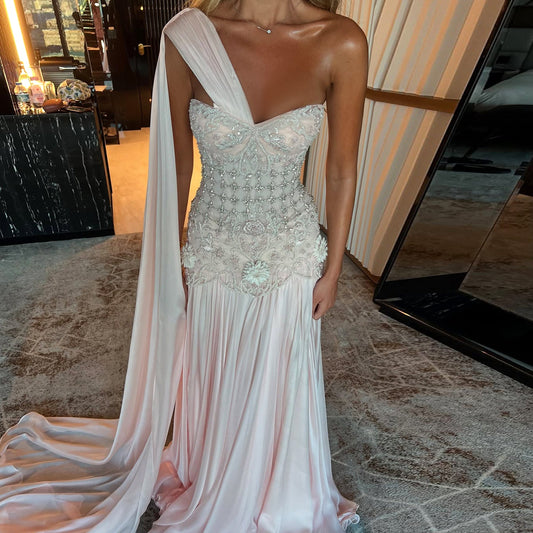 Elegant Blush Pink 3D Floral Beaded One-Shoulder Cape Evening Dress SS285