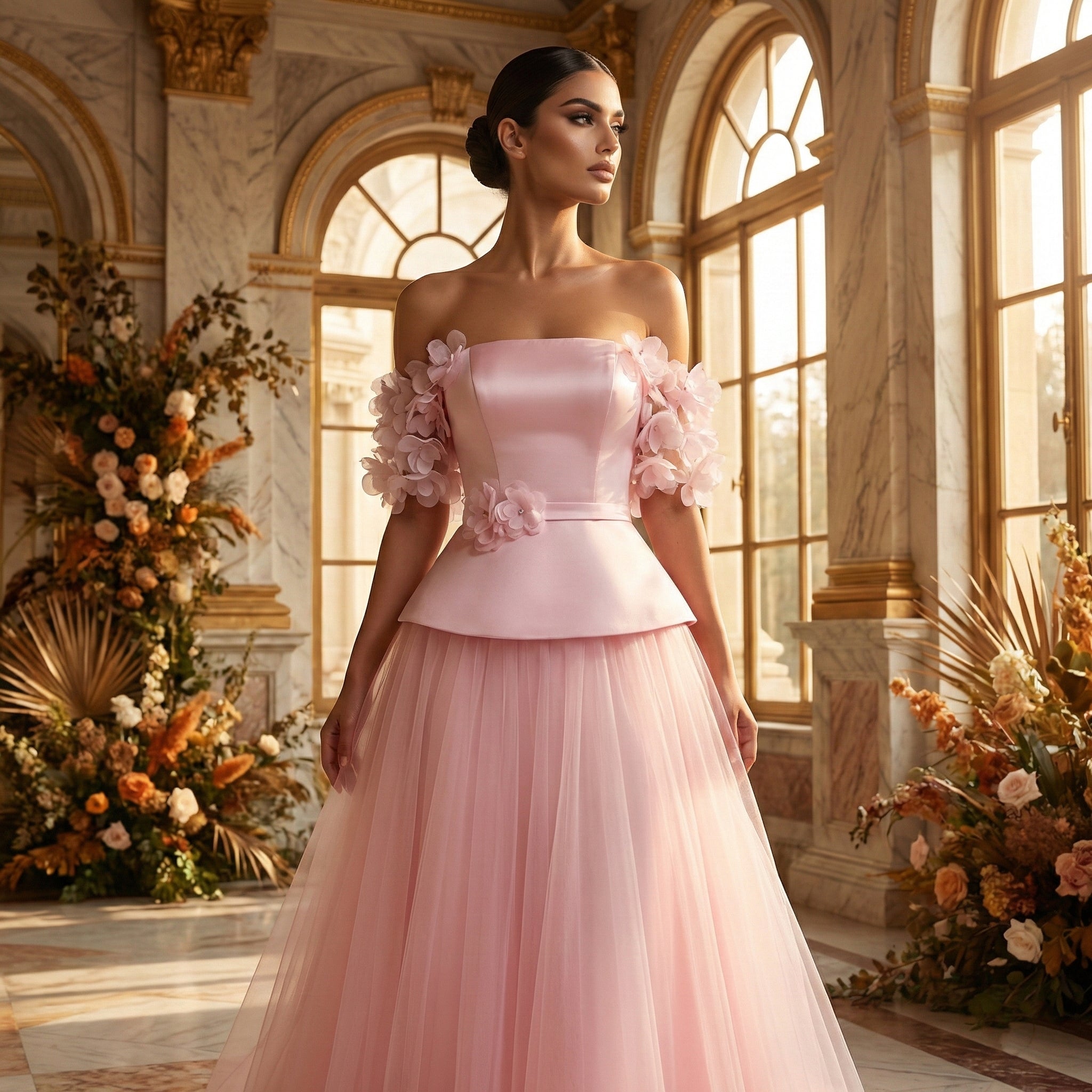 Luxury Pink Off-the-Shoulder Puff Top Tulle Skirt Evening Dress SF228