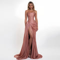 Luxury Rose Pink Strapless High Slit Evening Dress with Overskirt SF053