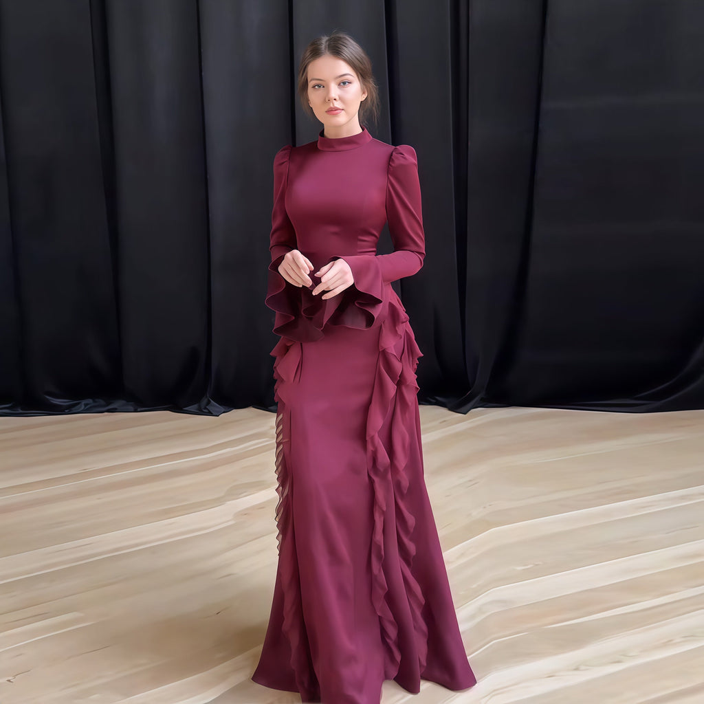 Luxury Wine Red Ruffled Long Sleeve Evening Dress with Overskirt SF054