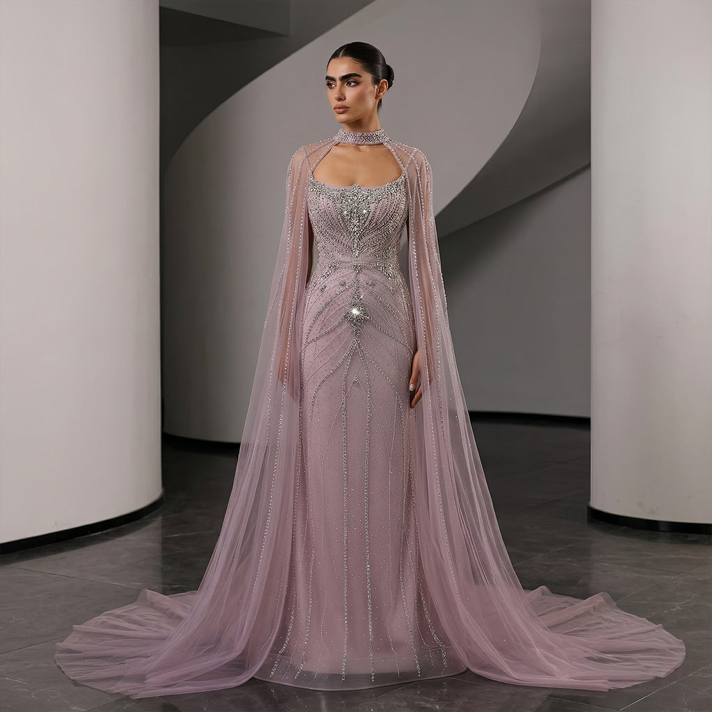 Elegant Champagne Halter Neck Beaded Evening Dress with Cape Sleeve SS131