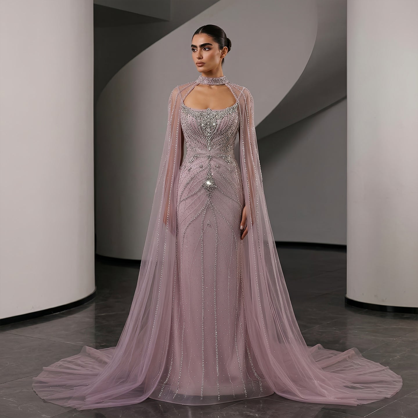 Elegant Champagne Halter Neck Beaded Evening Dress with Cape Sleeve SS131