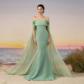 Romantic Green Off-the-Shoulder Beaded Cape Sleeve Evening Dress SF004